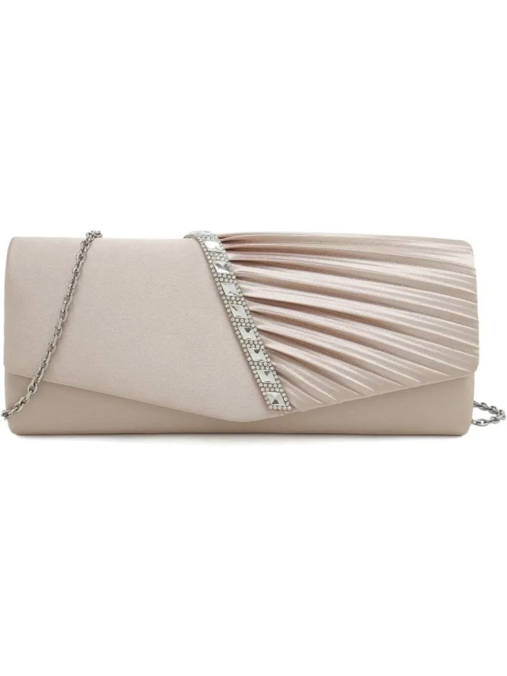 Women's Champagne Crystal Embellished Pleated Satin Clutch Purse For Evening Bag